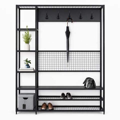 Передпокій лофт &laquo;Urban Rack 1400 UR-01&raquo; металевий з сіткою та стелажем &mdash; Чорний Р28 фото